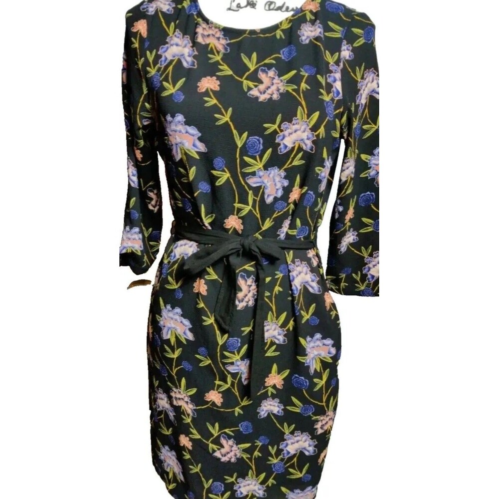 H&M Dress Sz 6 black Floral Prnt Belt knee Length Line Shft Dress 3/4 sleeve